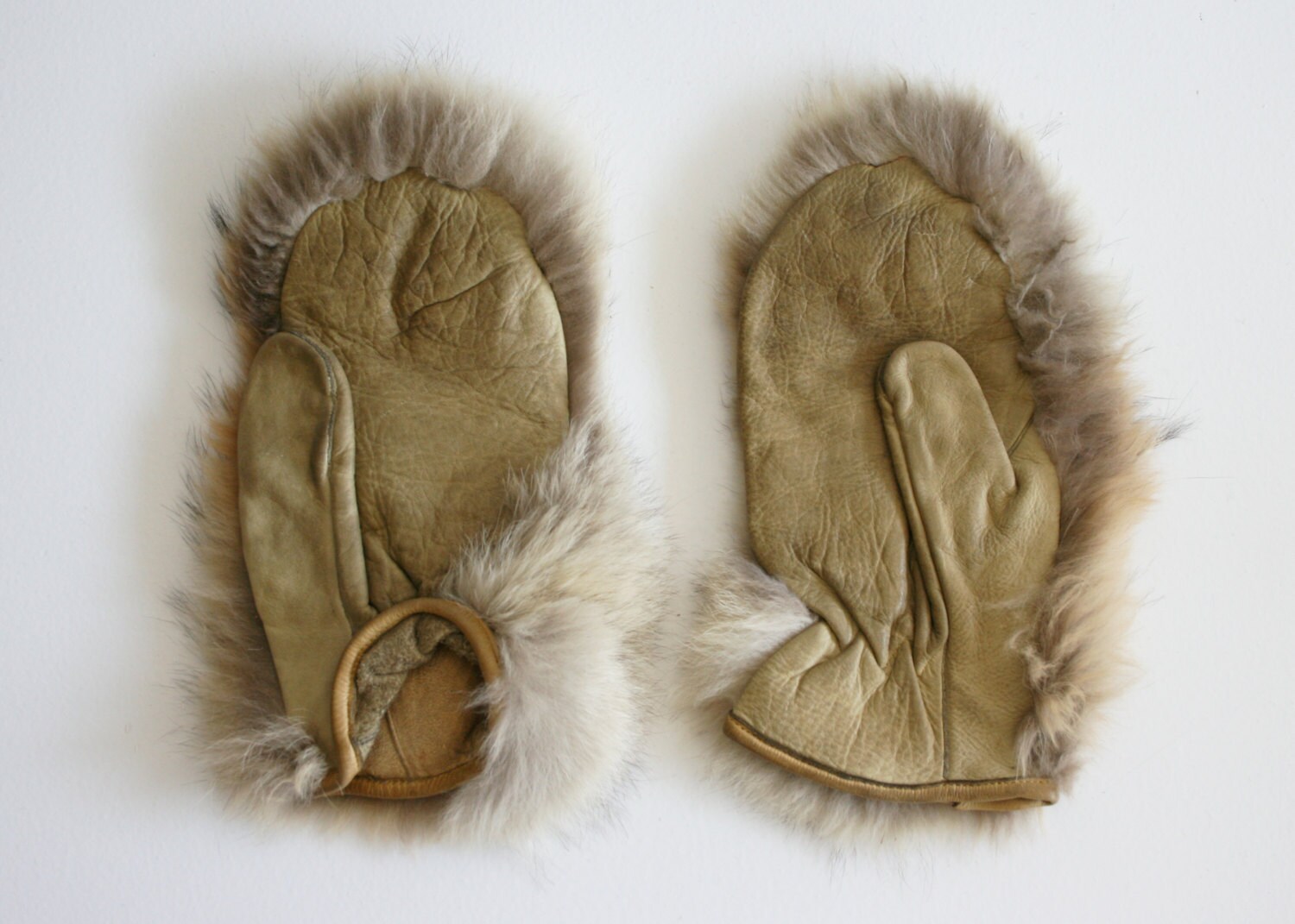 Vintage Handmade Real Leather & Fur Eskimo Mittens