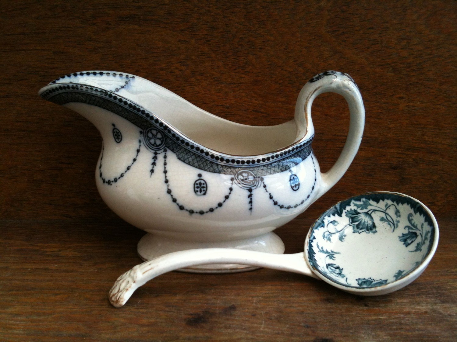 Antique English Blue and White Gravy Boat with Mismatched