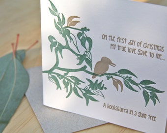 Christmas card, Letterpress, Australian themed. 'On the first day of Christmas my true love gave to me, a kookaburra in a Gum Tree'