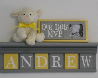 Baby Boy Room Decoration Name Nursery Decor Shelf Gray with Wooden Wall Block Letters Yellow and Gray