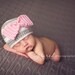 CLOSEOUT- 6-12 MONTHS White and Grey Striped Crocheted Beanie with Light Pink Bow