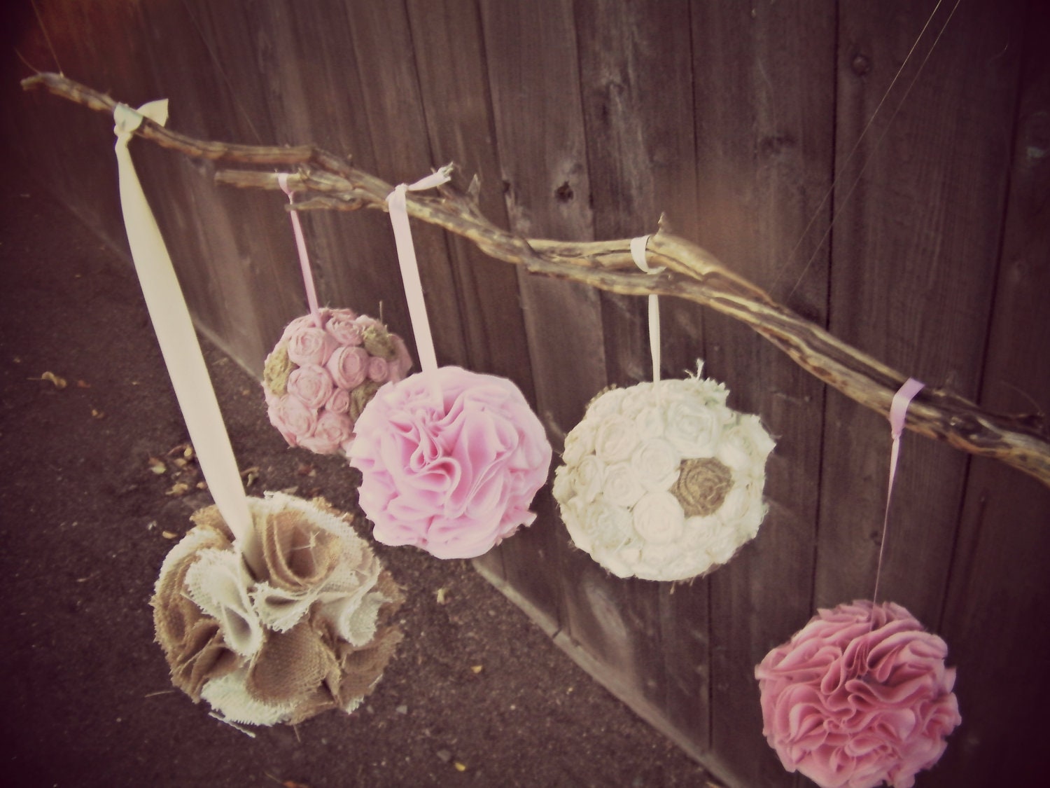 Rustic Nursery Mobile Fabric Poms on Madrone Branch.