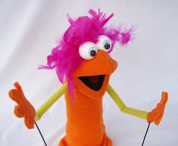 Orange Yellow and Pink Hand Puppet with Rod Arms Google Eye