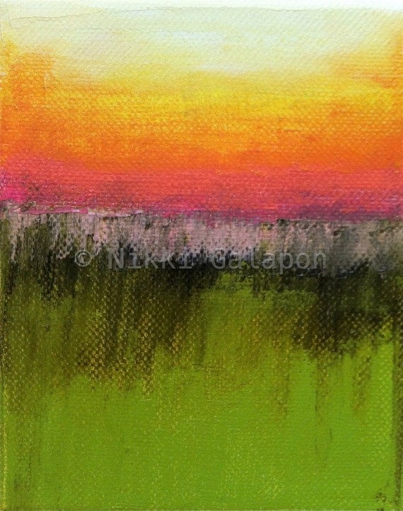 Abstract Landscape color field painting with green pink and