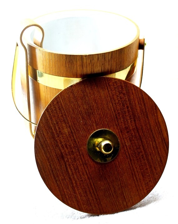 Vintage Wooden Ice Bucket with Brass Accents and Matching Ice