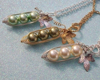 Three Peas In A Pod Pendant - For Brides,Bridesmaids,Family,Best Friends, Sisters Or Mothers. You Choose The Color Swarovski Pearls
