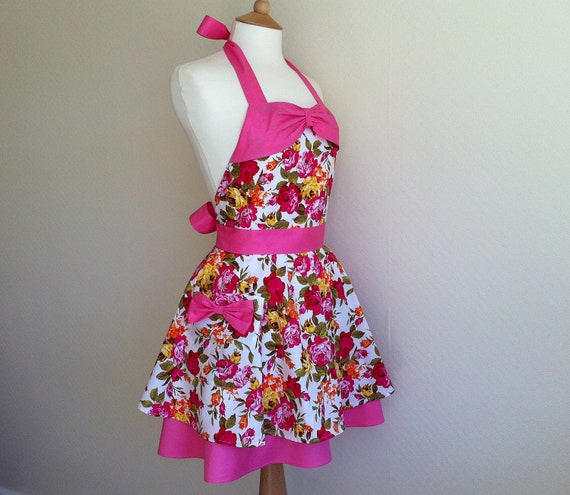 Retro apron with bow circle skirt fresh pink and by RosieAnnShop