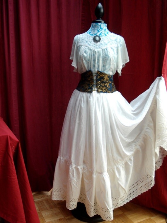 Full Length Petticoat White with Cream Eyelet Trim