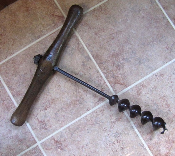 Antique Auger Tool Primitive wood handle log boring tool