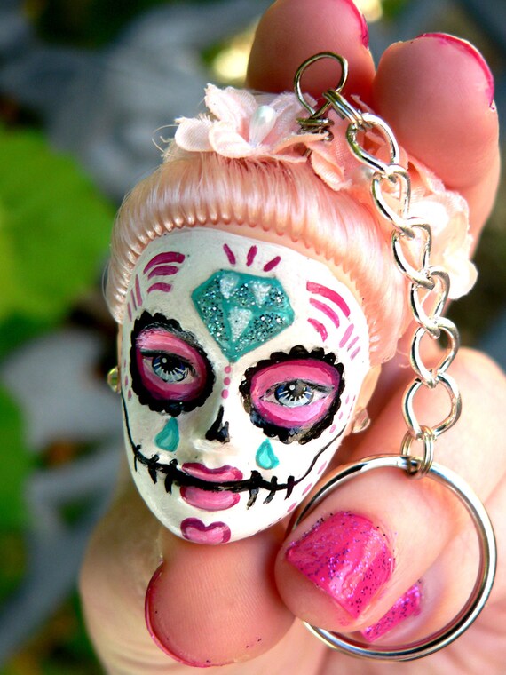 Day of the Dead Doll Head Keychain Diamonds are a