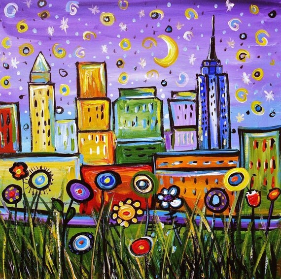 NEW YORK skyline folk art original abstract textured