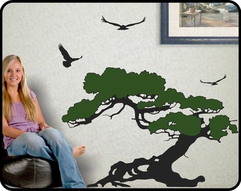 Coastal Decor Tree Wall Decal with flying birds - Juniper tree wall decor Coastal beach decor 23" tall by 36" wide