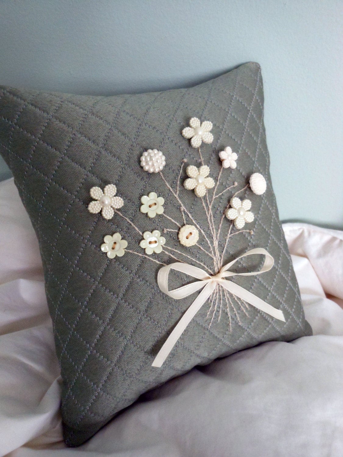 Decorative Pillow Quilted Gray Pillow with White by AThymetoSew