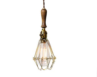 Vintage Farmhouse Wood Handle Economy Caged Trouble Light Pendant ( Brown / Antique Brass )