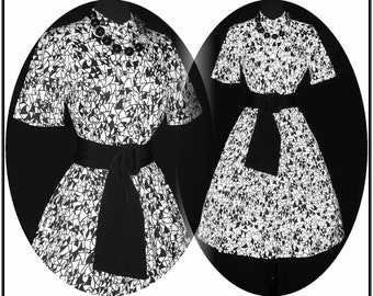 Vintage 1950s Dress . Novelty Print Garden Party Couture Black White Femme Fatale Mad Men Pinup Rockabilly Cupcake Bombshell Full Circle
