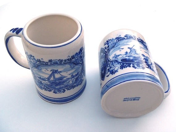 Vintage Delfts Blue White Earthenware Small Beer Stein Mugs w/