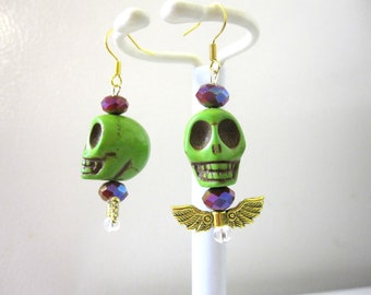 Green Skull Earrings Wings Day of the Dead Earrings