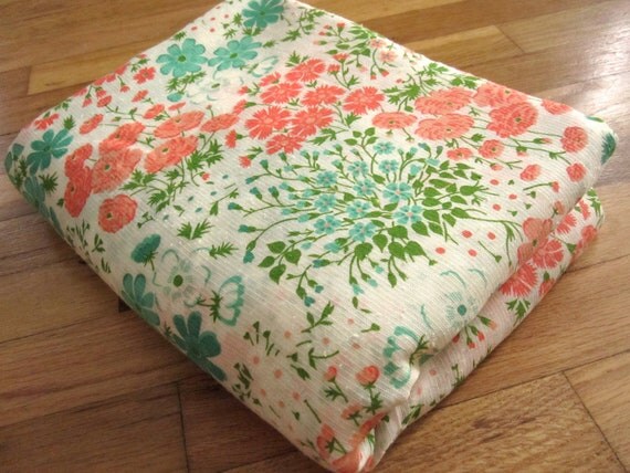 Vintage Aqua and Peach Floral Cotton Fabric by meggyleves on Etsy