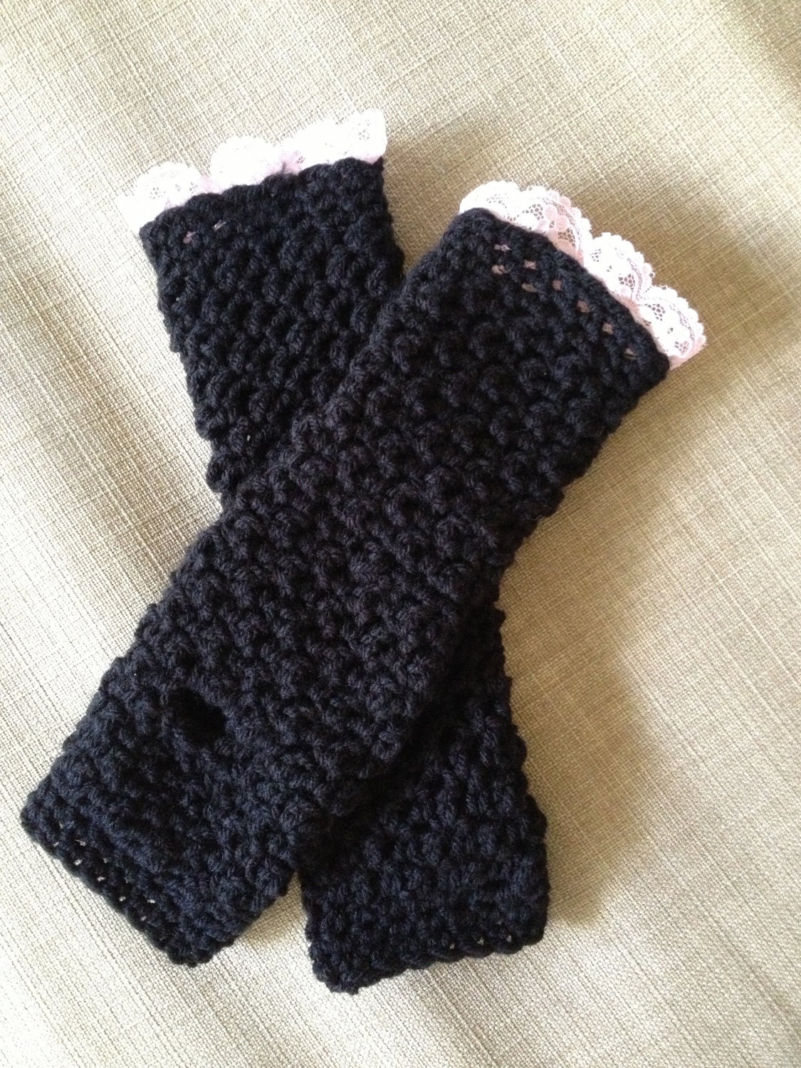 Black Crochet Arm / Wrist Warmers with Pink Lace by MySparkledLife