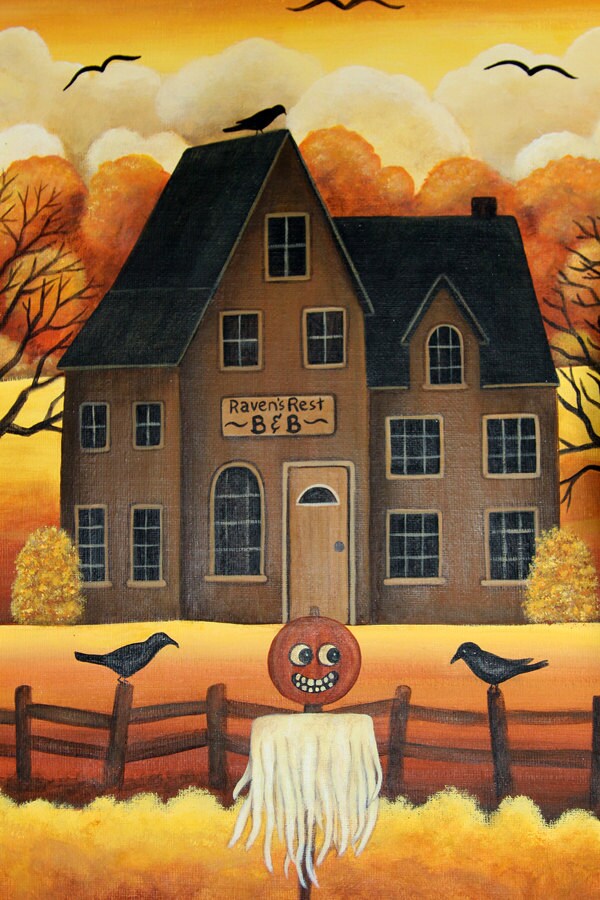 Halloween Folk Art Hand Painted 14 inch by 18 inch Canvas