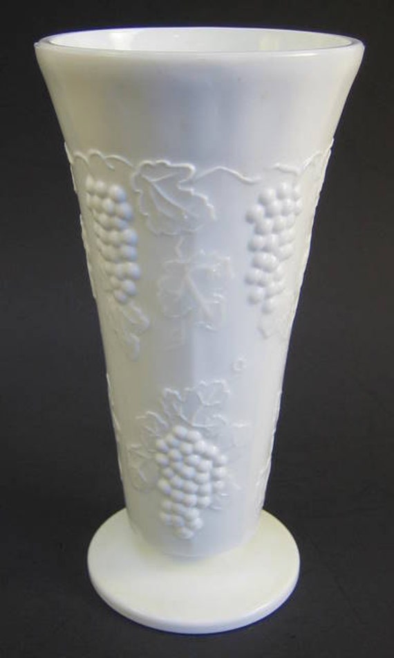 Milk Glass Vase with Grapes Design Pressed Glass