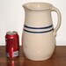 3 Qt. Primitive Stoneware Farmhouse Pitcher / Cream w/ Blue Stripes / Applied Handle / Late 1800s