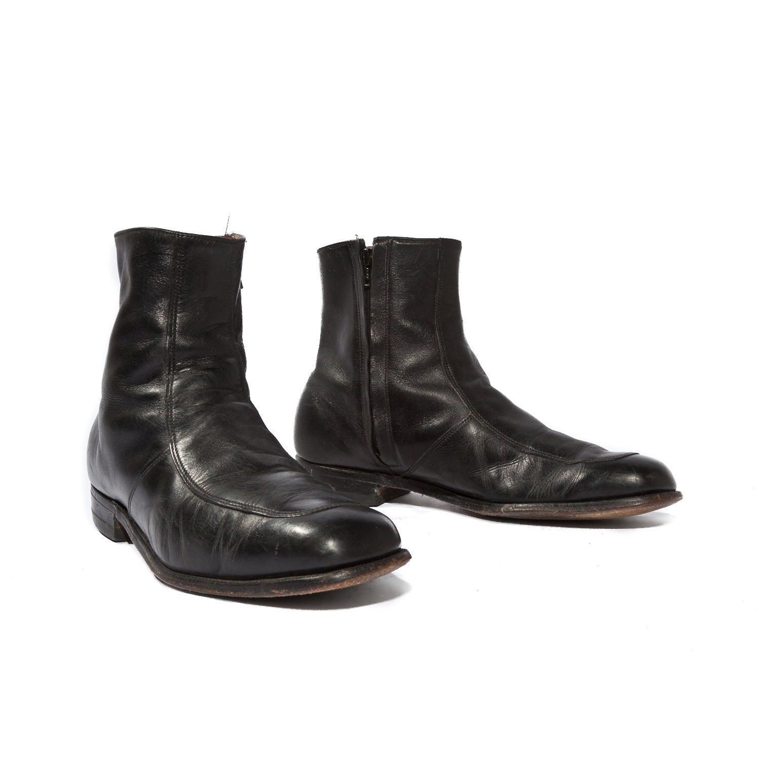Vintage Men's Beatle Boots Black Leather Ankle Zippers Mod