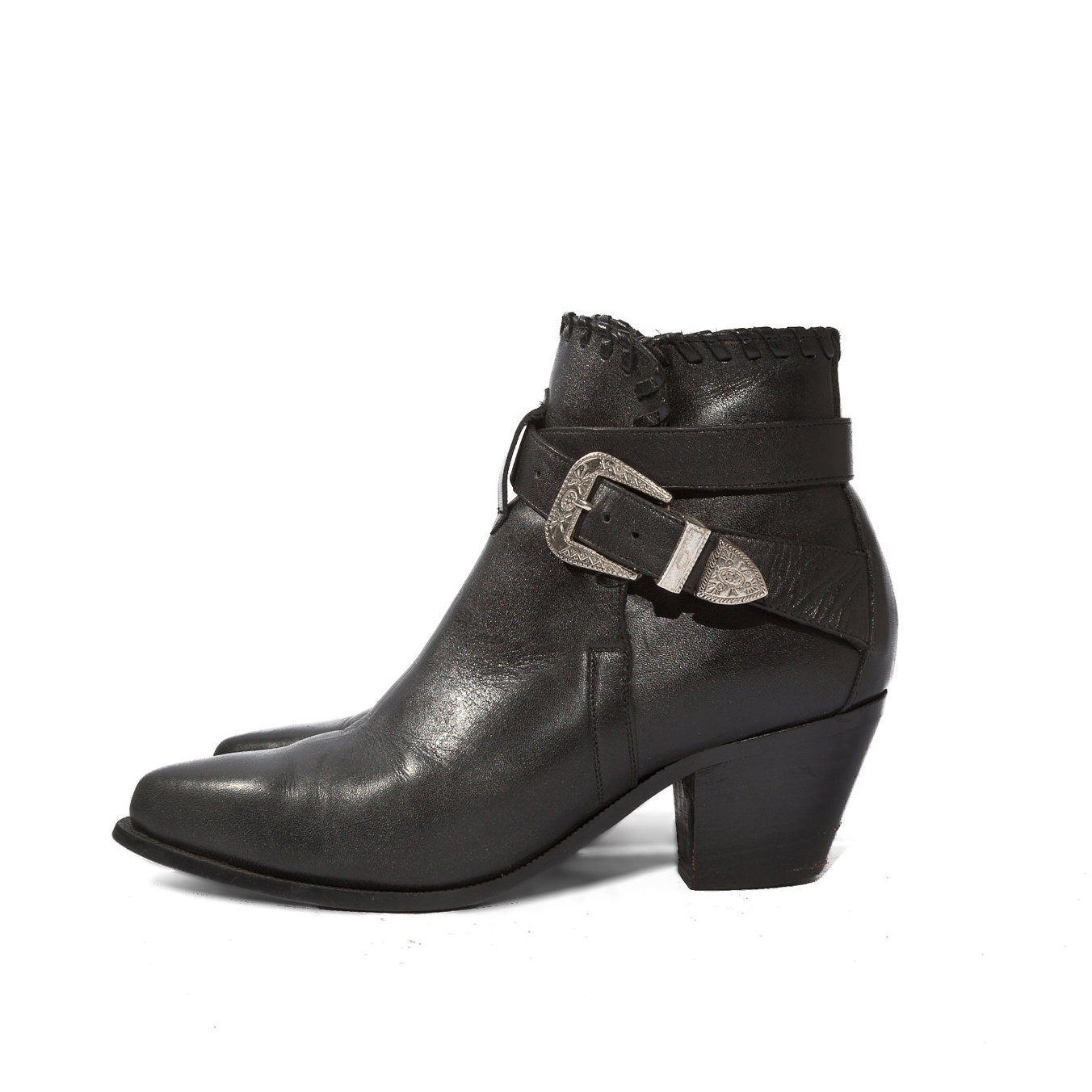 80s Vintage Black Leather Buckle Ankle Boots by Dingo Biker