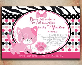 Pink Kitty Cat Birthday Invitation, Pretty Kitty Cat Birthday Invite, Kitty Cat Personalize Birthday Invite, Kitty Birthday Invite