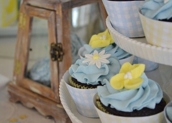 Country Garden / blue and yellow gingham (immediate download) party printable cupcake wrappers Il_570xn