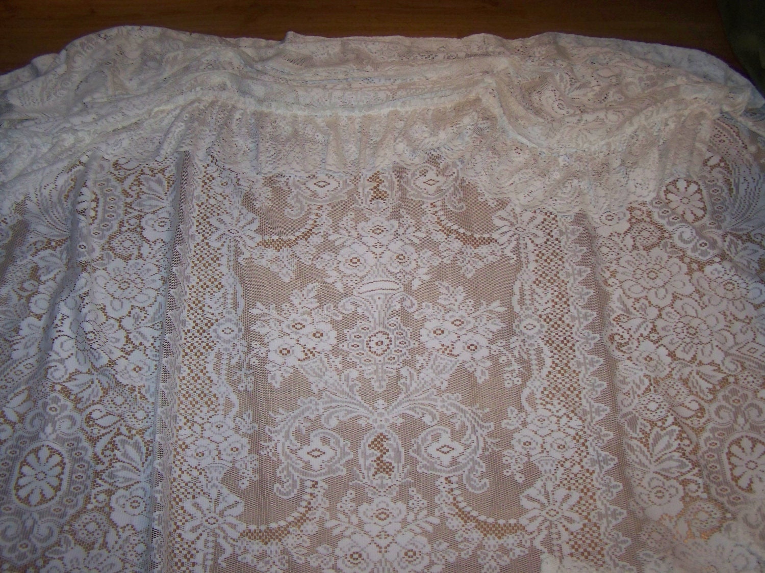 Ivory vintage lace Victorian style shower curtain draped