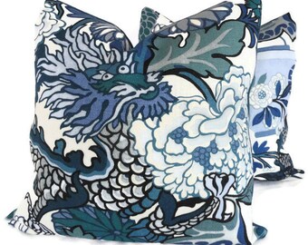 Pair of Schumacher China Blue Chiang Mai Dragon Decorative Pillow Covers 18x18, 20x20 or 22x22, Toss Pillow, Accent Pillow, Throw Pillows