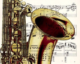 FREE SHIPPING WORLDWIDE - Saxophone on a Vintage 1900 Music Sheet