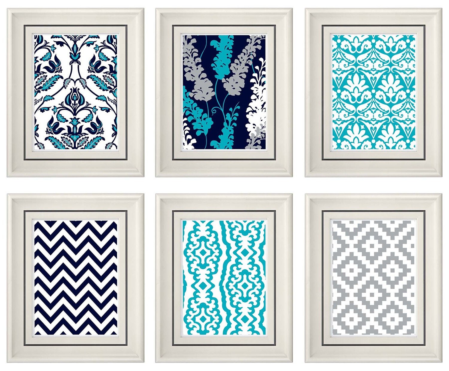 Set of Six Modern/Vintage Turquoise/Gray Wall Art by catsbeads