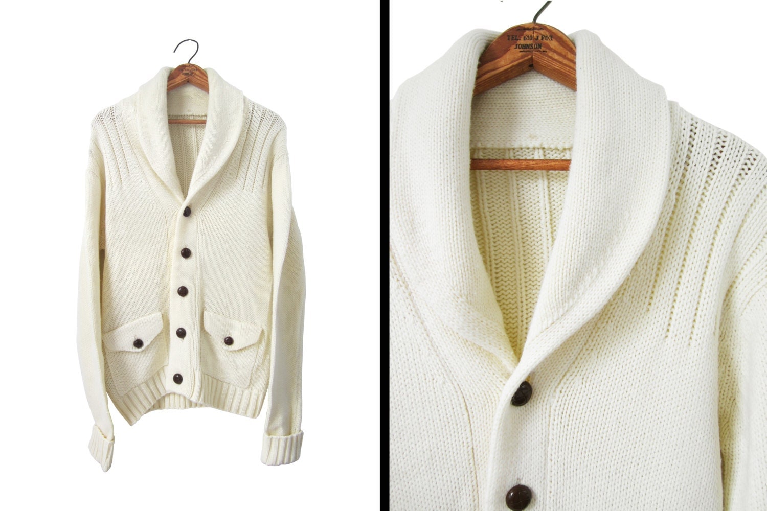 Vintage Shawl Collar Sweater Ivory Knit Button Up White