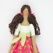 Lovely fabric doll in bright pink dress,brown hair Tilda style cloth doll,art doll-cute stuffed doll, rag doll - gift for girls