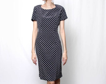Vintage 90s Black White Polka Dot Knee Length Dress