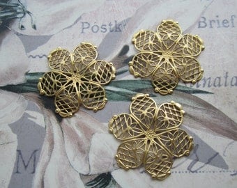Brass Filigree Flower Stampings 6 Petal 3-D 3Pcs.