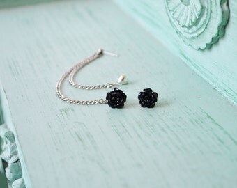 Black Rosette and Heart Multiple Pierce Silver Cartilage Earrings (Pair)