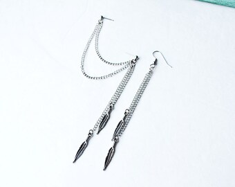 Dangling Silver Feathers Double Pierce Cartilage Earring (Pair)