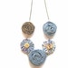 rosette necklace, jean necklace, denim & dusty brown rosette and yo - yo necklace, textiles fiber necklace, original design Handmade