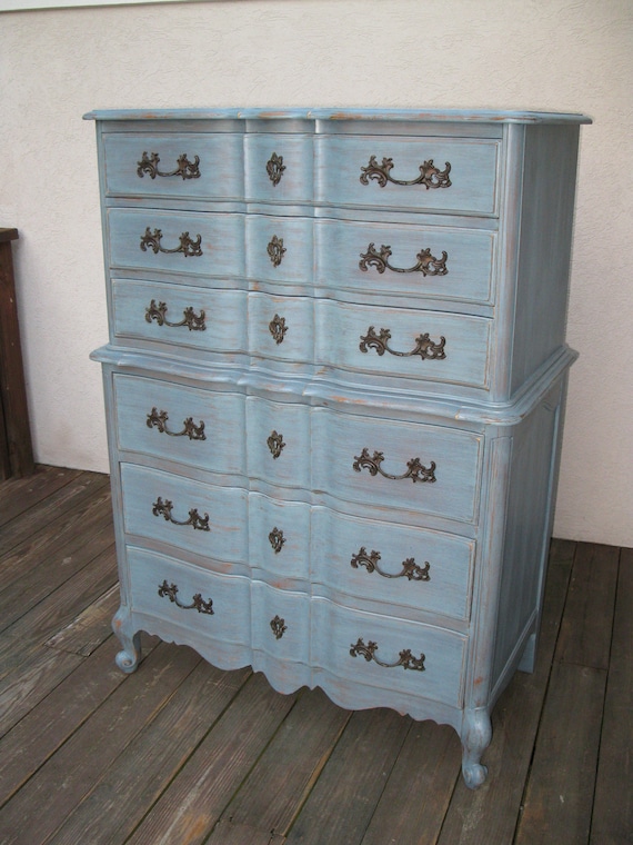 Chic and Shabby Blue Grey Tall Dresser or Bedroom Set