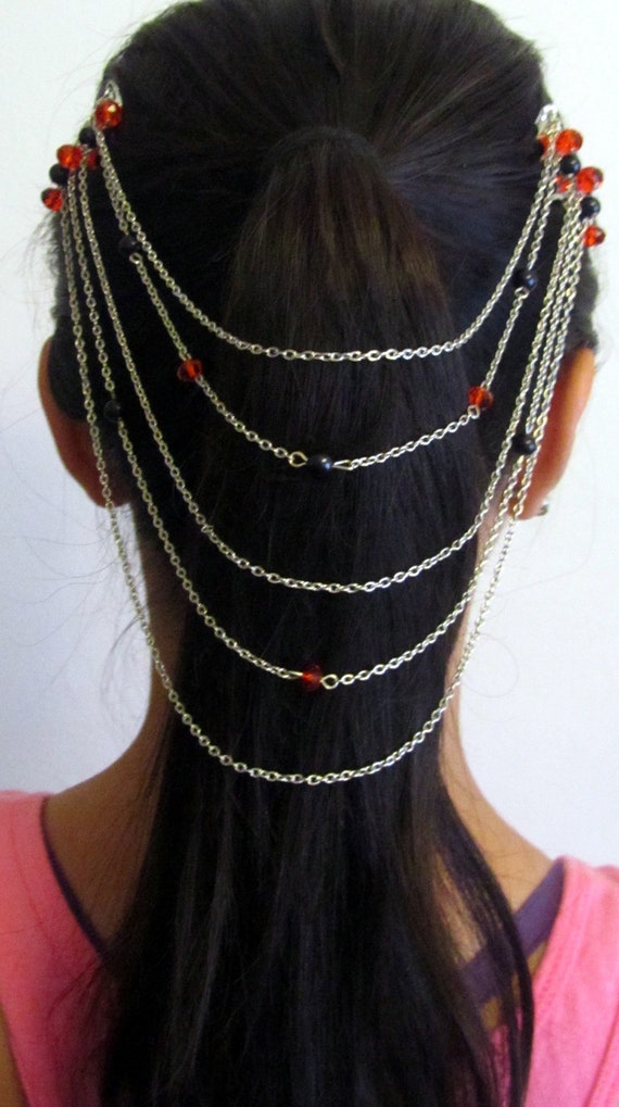 Metal Hair Clip Combs Link Chain Handmade Hair Jewelry Red and