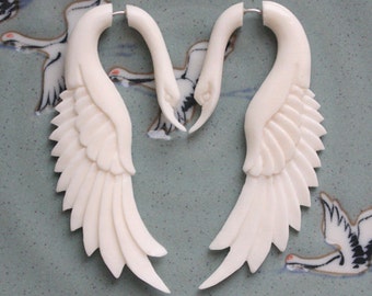 Fake Gauge Earrings - LATA Swan - Natural White Bone - Hand Carved Jewelry