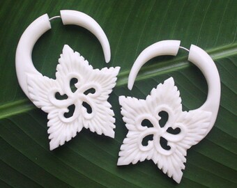 Fake Gauge Earrings - EDEN Flower - Hand Carved Natural White Bone
