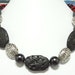 Modern Tribal Necklace Made with Lava and Coral Gemstones with Black Glass Pearls and Filigree Metal Beads 18 1/2 Inches