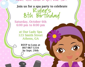 DIY Sassy Spa Party invitation. African American Little Girl Spa Party Invitation