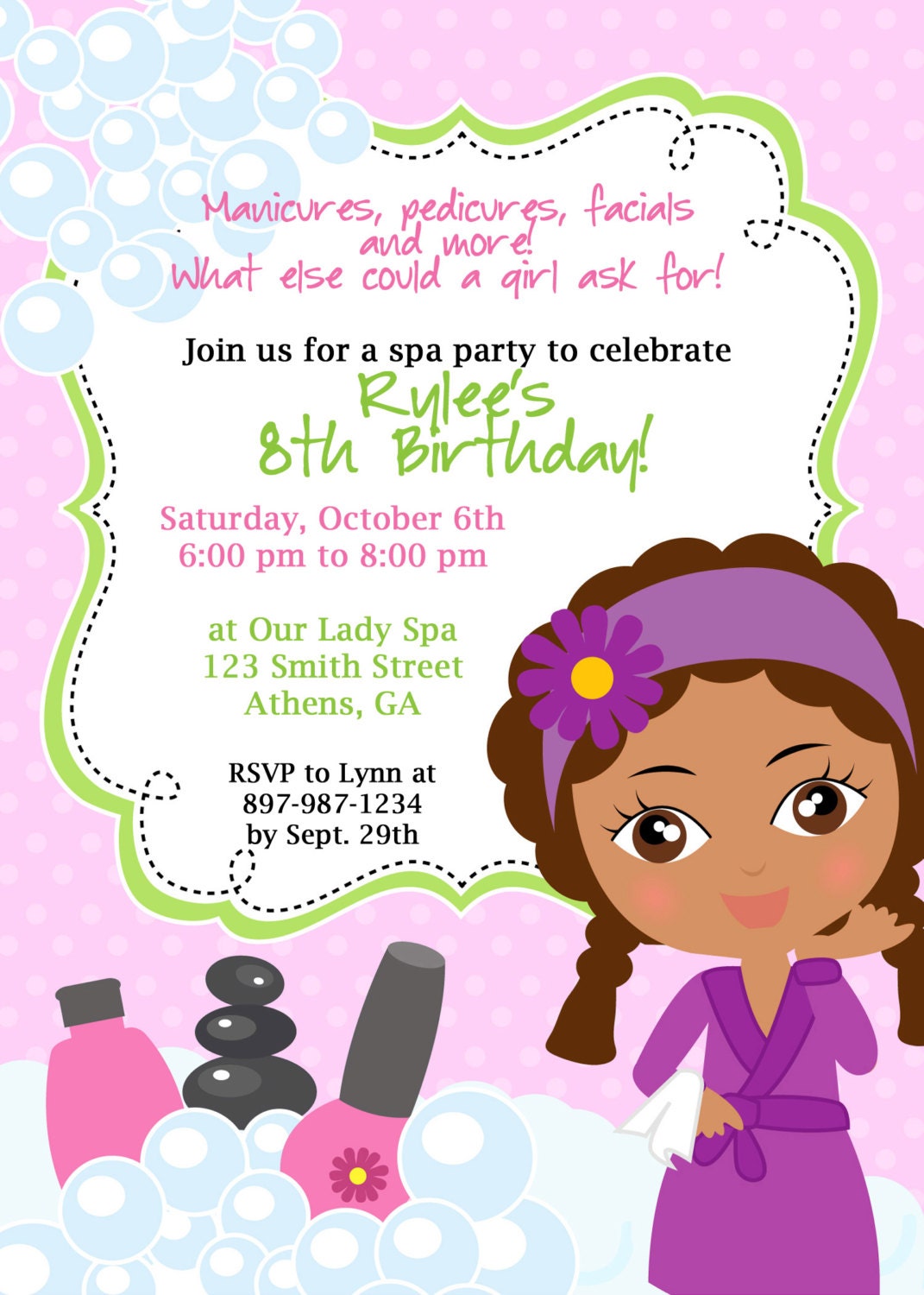 DIY Sassy Spa Party Invitation African American Little Girl