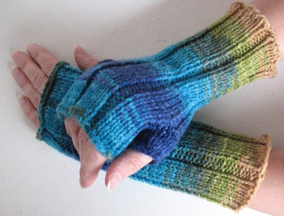 Fingerless Gloves Blue Turquoise Azure Beige Green, wrist warmers