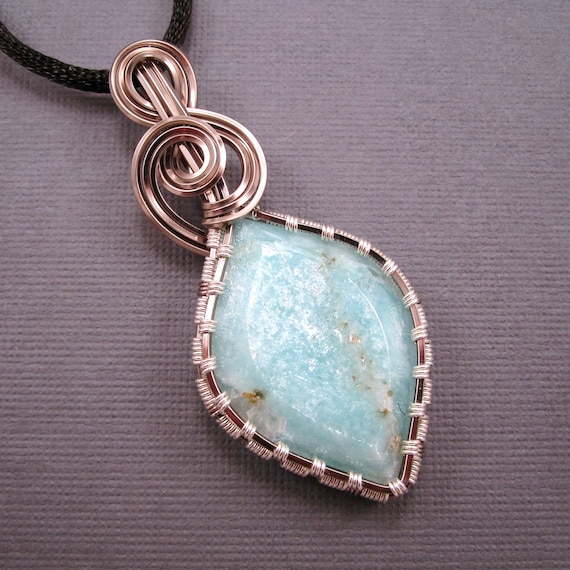 Wire Wrapped Pendant Shimmering Amazonite Cabochon in